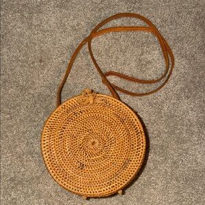Round Woven Tan Crossbody Bag